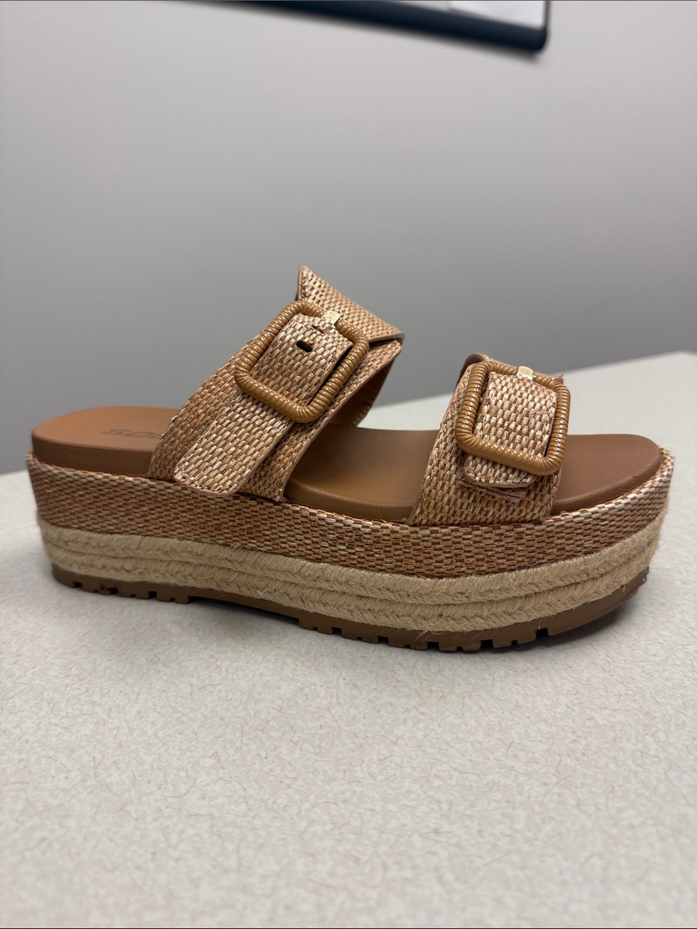 Soda Tan Woven Double-Buckle Platform Sandal